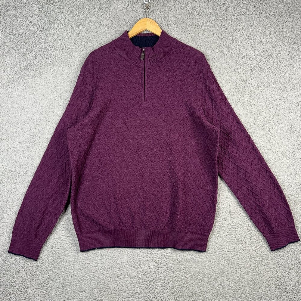 Jos‎ A Bank Sweater Mens Large Burgundy 1/4 Zip Pullover Cable 3d Knit 100% Pima